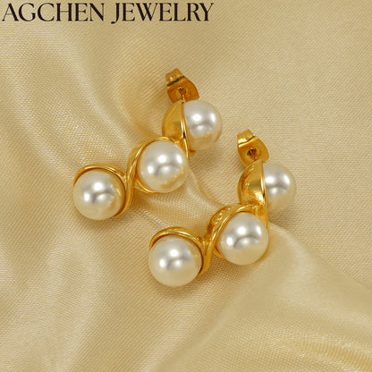 AG Stainless Steel Pea-Shaped Pearl Stud Earrings