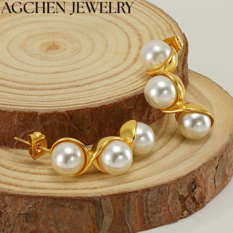AG Stainless Steel Pea-Shaped Pearl Stud Earrings