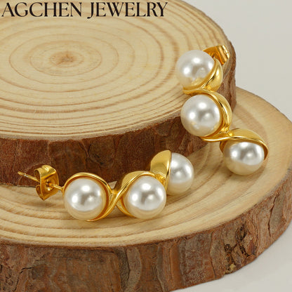 AG Stainless Steel Pea-Shaped Pearl Stud Earrings