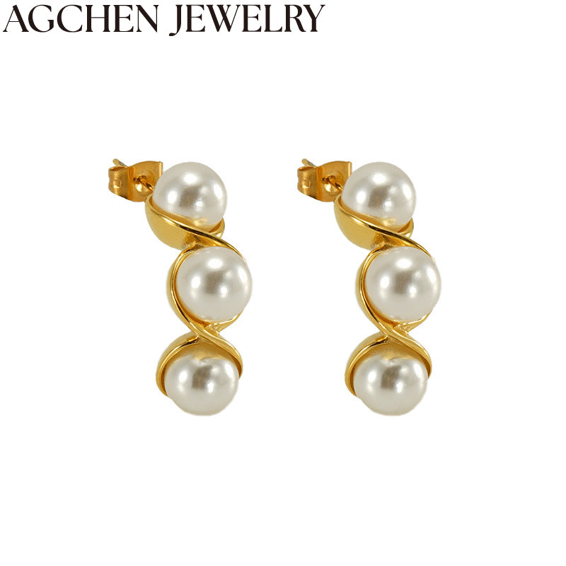 AG Stainless Steel Pea-Shaped Pearl Stud Earrings