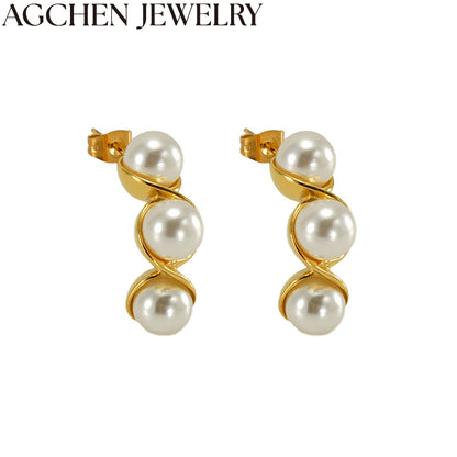AG Stainless Steel Pea-Shaped Pearl Stud Earrings