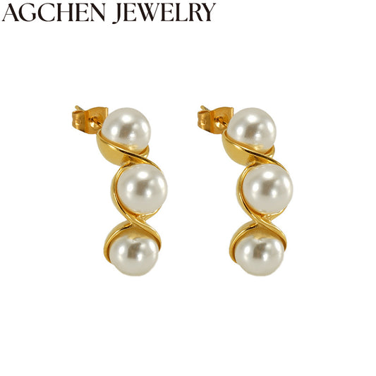 AG Stainless Steel Pea-Shaped Pearl Stud Earrings