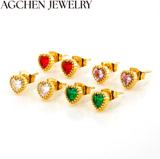 AG Stainless Steel Heart Zirconia Stud Earrings