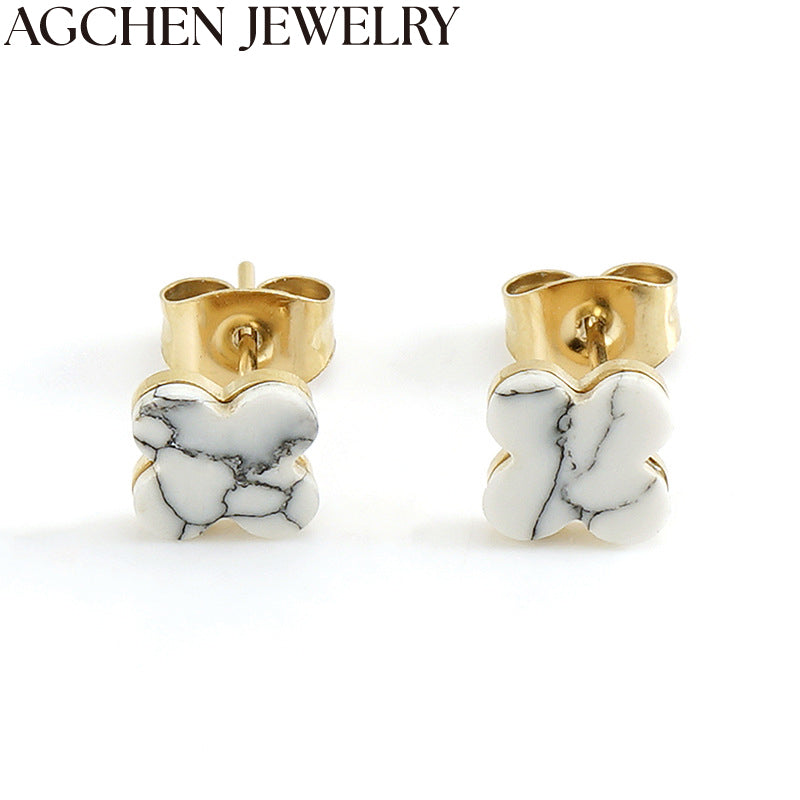 AG Stainless Steel Marble Clover Stud Earrings