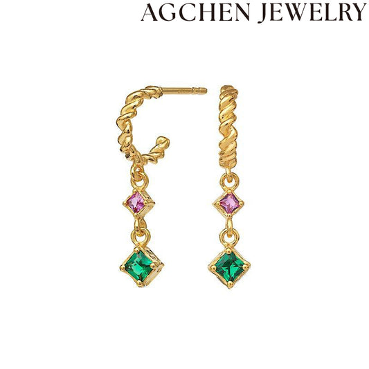 AG Square Zirconia C-Shaped Earrings