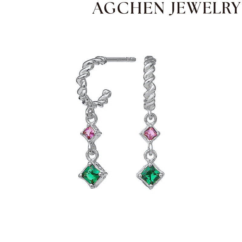 AG Square Zirconia C-Shaped Earrings