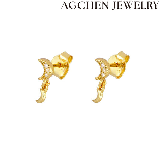 AG Double Crescent Moon Zircon Stud Earrings