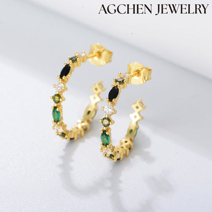 C-shaped Emerald  Zirconia Earrings  agchenjewelry lucky brand earrings   black earrings with maang tikka