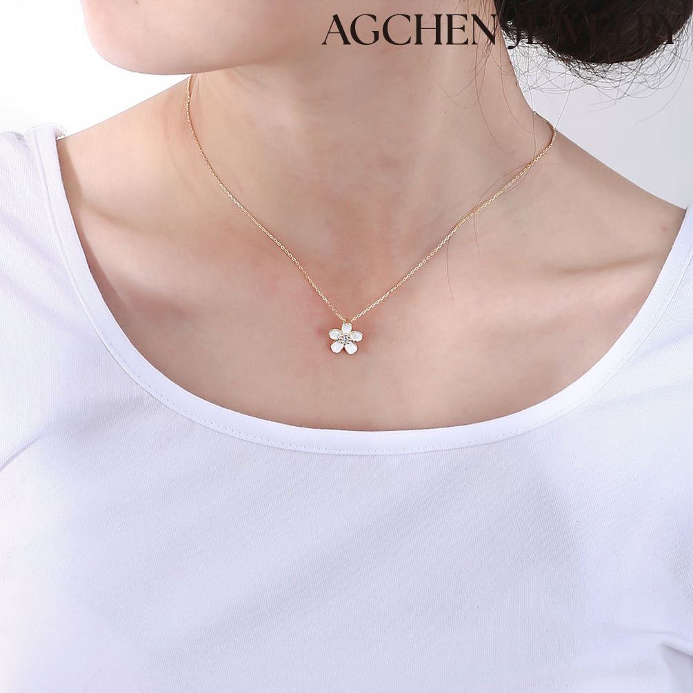 AGCHEN S925 sterling silver inlaid diamond drop oil flower pendant necklace female hot European and American ins wind collarbone chain - AGCHEN JEWELRY,925 All Styles, 925 Necklaces