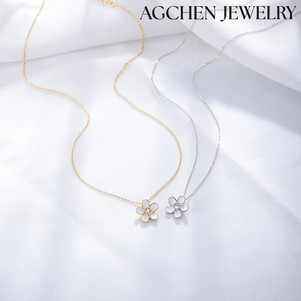 AGCHEN S925 sterling silver inlaid diamond drop oil flower pendant necklace female hot European and American ins wind collarbone chain - AGCHEN JEWELRY,925 All Styles, 925 Necklaces