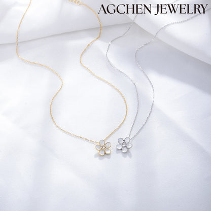 AGCHEN S925 sterling silver inlaid diamond drop oil flower pendant necklace female hot European and American ins wind collarbone chain - AGCHEN JEWELRY,925 All Styles, 925 Necklaces