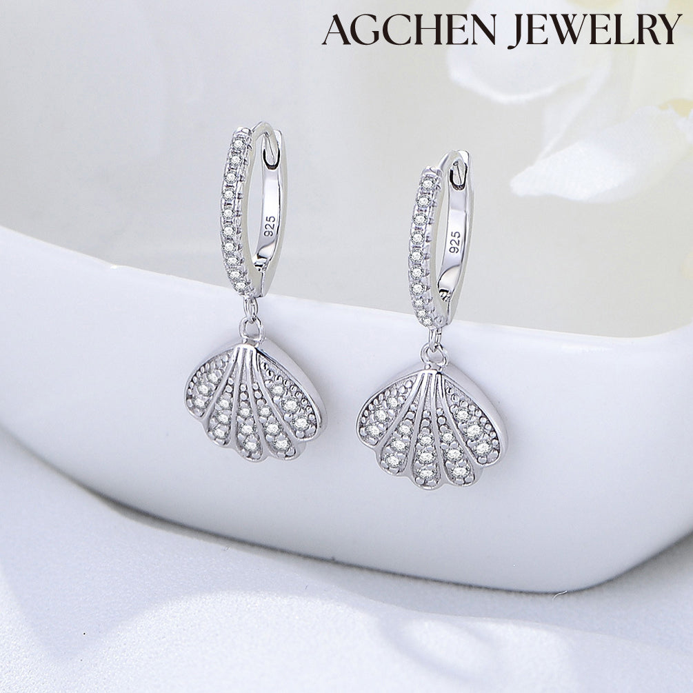 AGCHEN Sea Shell shape zircon 925 Silver Gold plated hoop Earrings Fashion Jewelry for women and girls - AGCHEN JEWELRY,925 All Styles, 925 Earrings