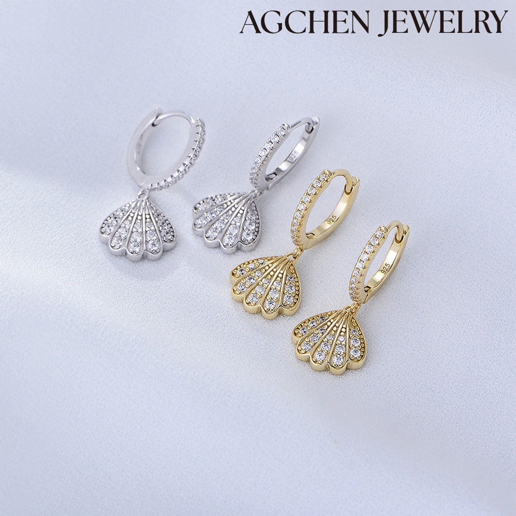 AGCHEN Sea Shell shape zircon 925 Silver Gold plated hoop Earrings Fashion Jewelry for women and girls - AGCHEN JEWELRY,925 All Styles, 925 Earrings