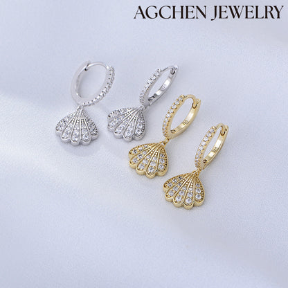 AGCHEN Sea Shell shape zircon 925 Silver Gold plated hoop Earrings Fashion Jewelry for women and girls - AGCHEN JEWELRY,925 All Styles, 925 Earrings