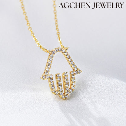 AGCHEN S925 sterling silver micro-inset zircon diamond hollow palm pendant necklace female European and American explosive products - AGCHEN JEWELRY,925 All Styles, 925 Necklaces